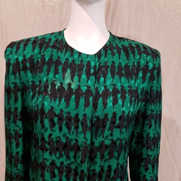 Vintage Dennis Goldsmith Green Silk Button Down Blouse W/ Women Silhouette Print - Picture 8 of 15